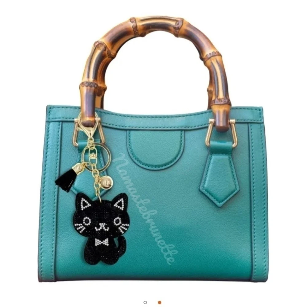 Kitty Cat Crystal Rhinestone Keychain Bag Charm With Black Tassel